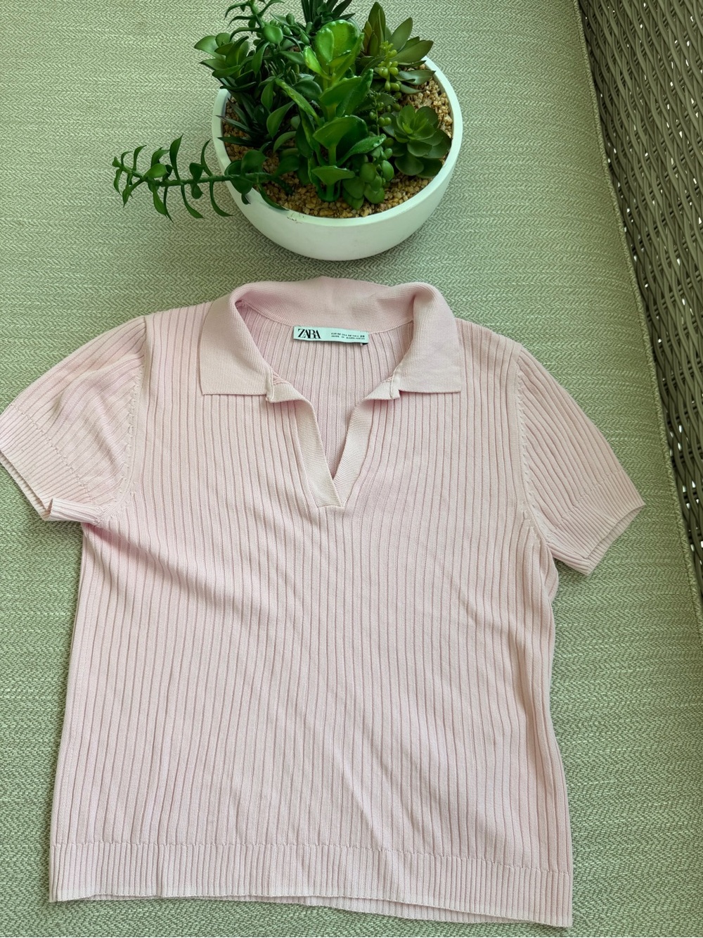 Zara Light Pink Ribbed Polo Knit Top